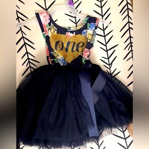 Navy blue and gold baby girl “One” dress and crown. Size 12 months.